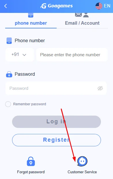 Click on the customer service option on the login page